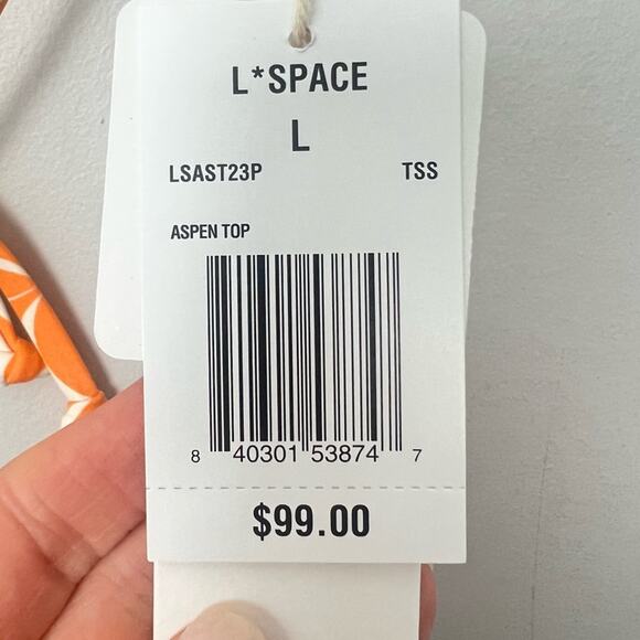 NWT l*space Aspen Bikini Top Tesselation Orange White sz L Triangle Adjustable - Picture 8 of 9